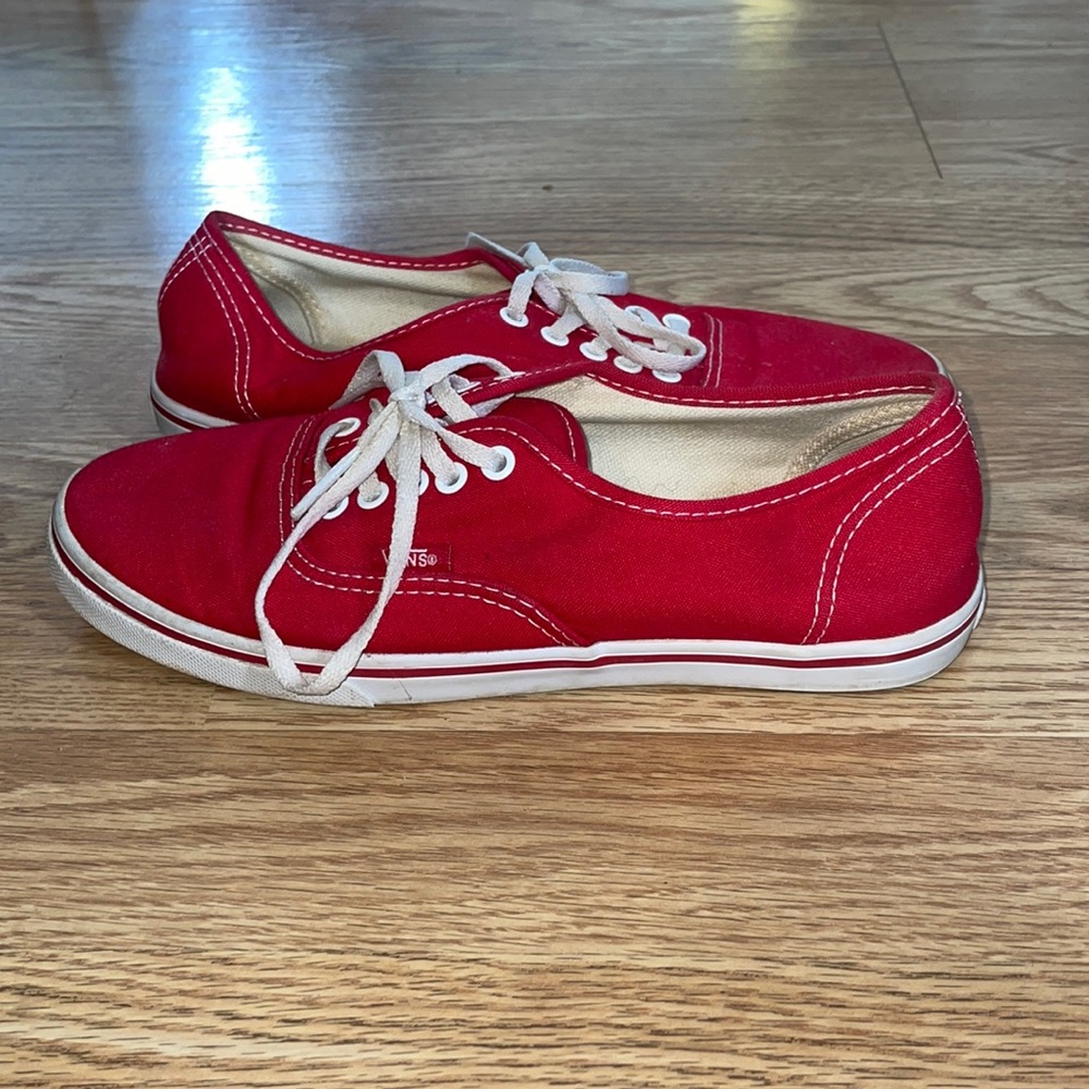 Red vans size 7 in women’s; 5.5 in males. Worn only a handful of times.